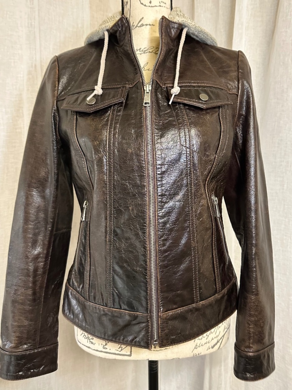 Brown Leather Jacket with detachable knit hood by Wilson’s Leather Vintage S